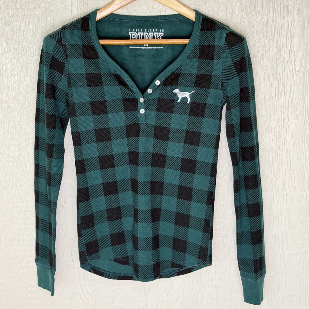 PINK Victoria's Secret Plaid Waffle Knit Henley Thermal Top Green Black M